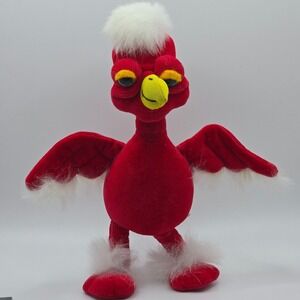 Vintage Handmade Poseable Red Bird Plush with Yellow Beak White Fur Trim 10” Toy